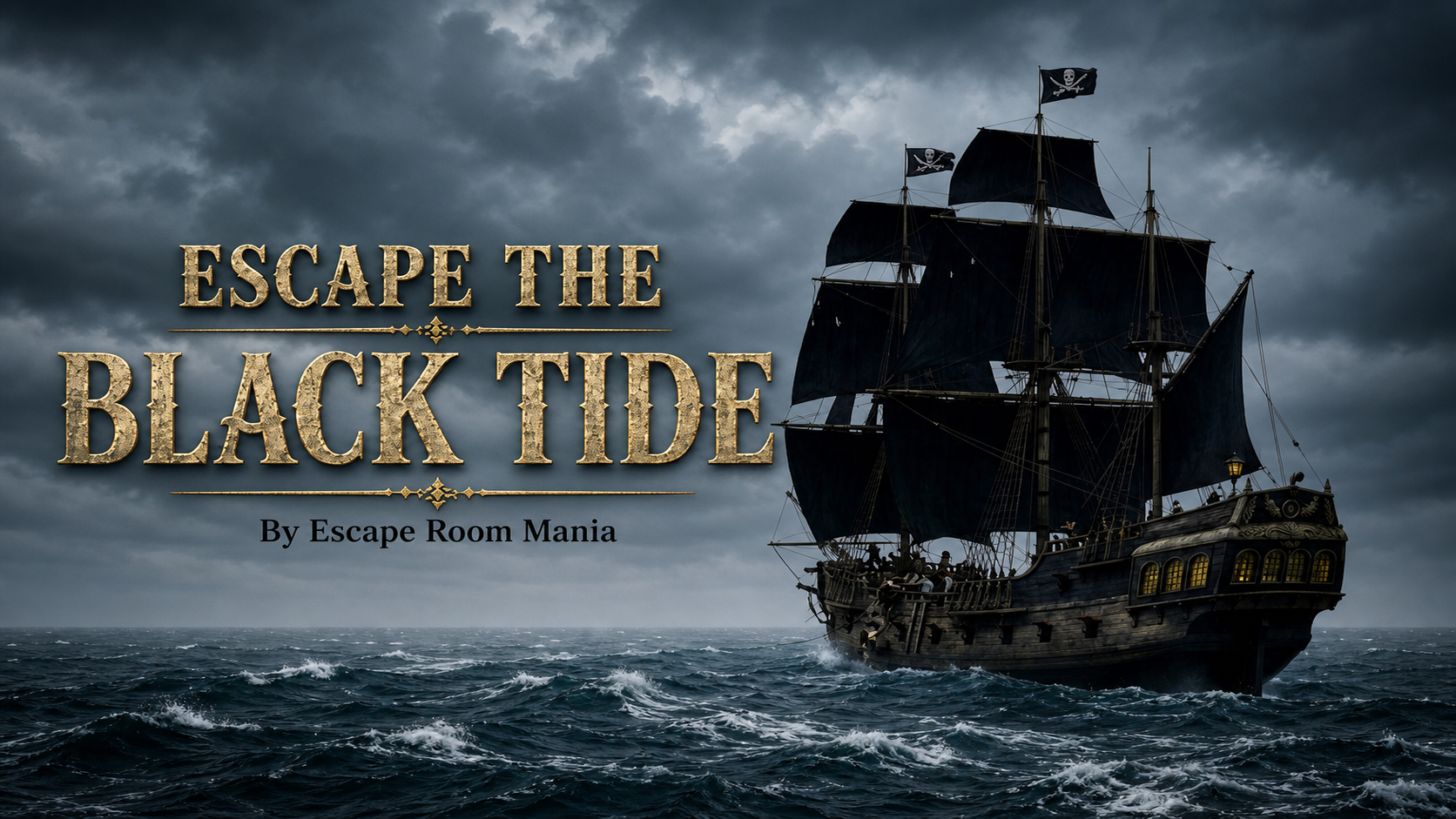Escape the Black Tide pirate ship with black sails in a stormy sea